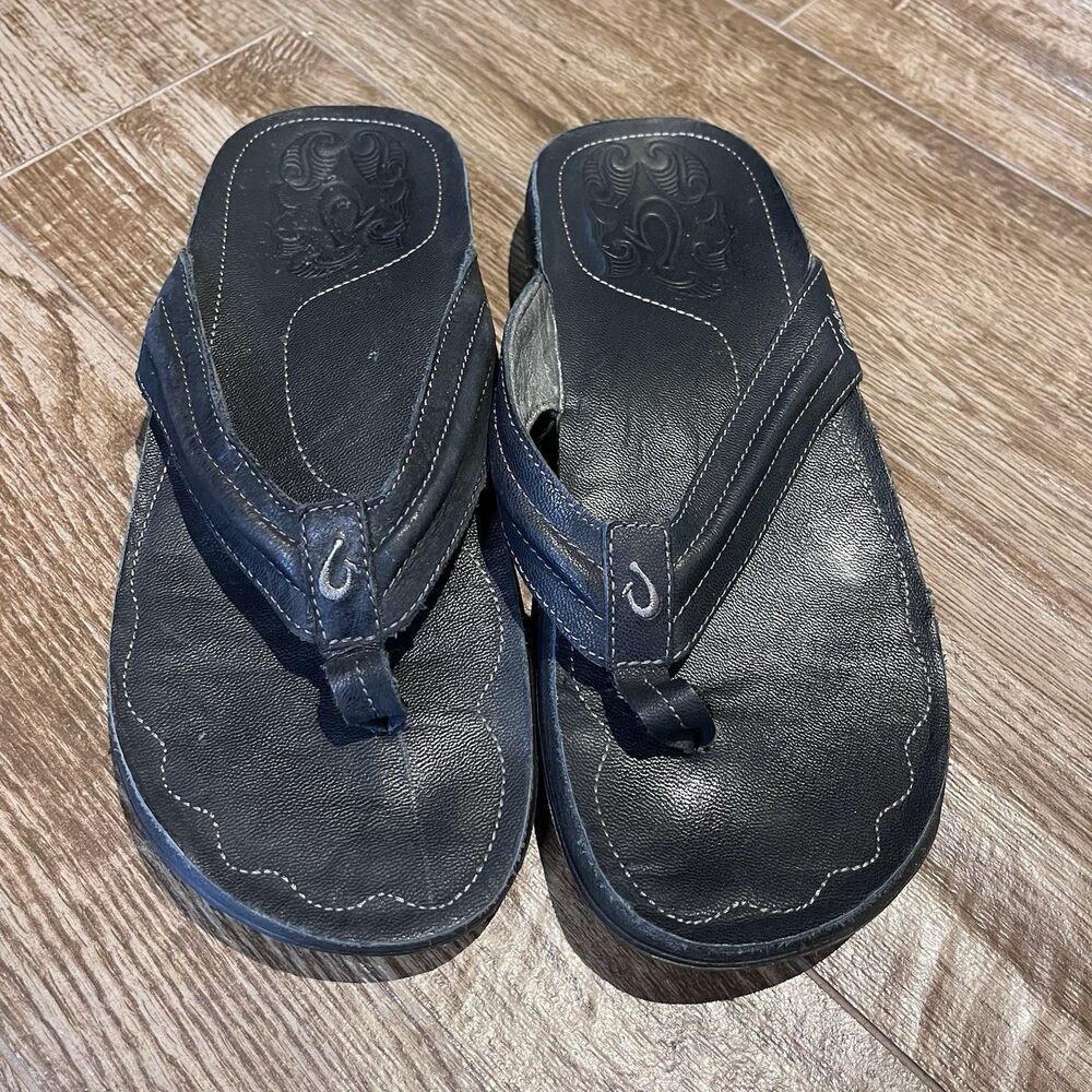 Olukai Moko Sandals Men’s 11 Black Flip Flop Comfort Leather Casual Shoes Thongs